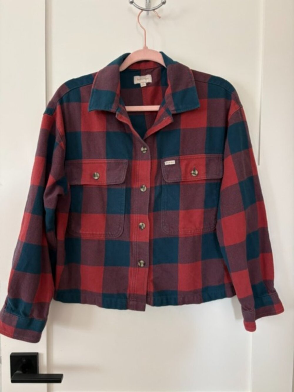 Brixton Red Teal Buffalo Plaid Cropped Flannel Shacket Jacket Size S